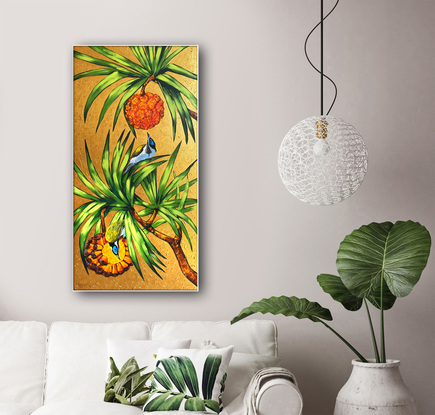 Pandanus tree and blue-faced honeyeater birds. Australian bananabird original acrylic painting by Irina Redine.