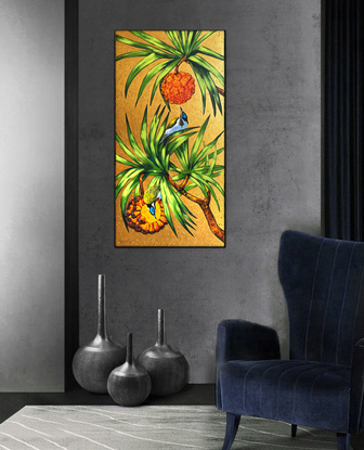 Pandanus tree and blue-faced honeyeater birds. Australian bananabird original acrylic painting by Irina Redine.