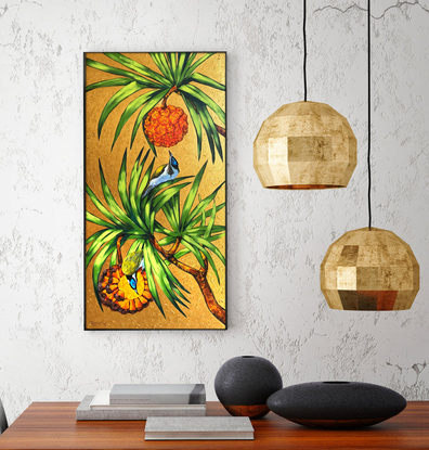 Pandanus tree and blue-faced honeyeater birds. Australian bananabird original acrylic painting by Irina Redine.