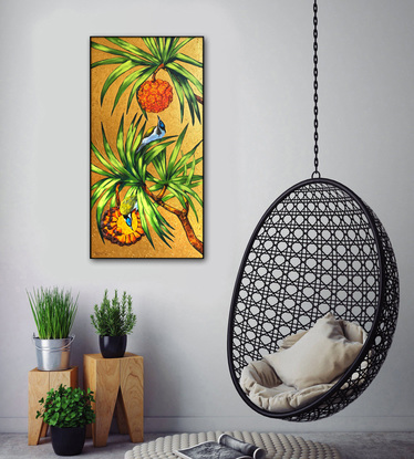 Pandanus tree and blue-faced honeyeater birds. Australian bananabird original acrylic painting by Irina Redine.