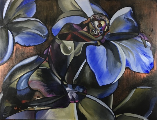 Lady lying across human sized frangipanis in tones of brown, olive green, French ultramarine blue and metallic copper