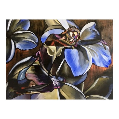 Lady lying across human sized frangipanis in tones of brown, olive green, French ultramarine blue and metallic copper