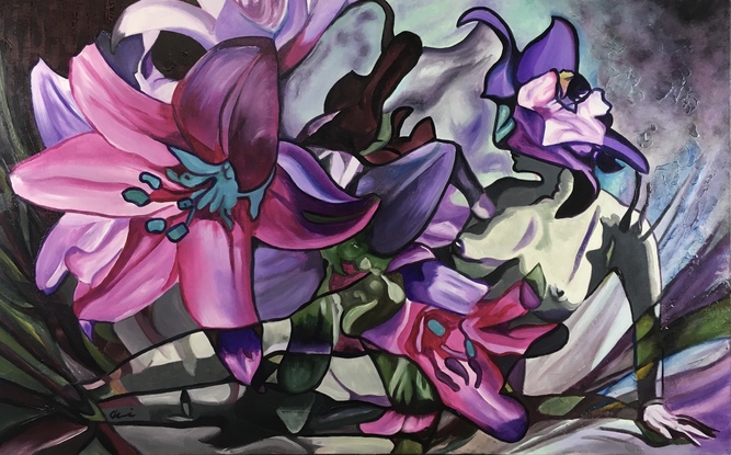 Abstract grey lady lying in pink purple human sized lilies