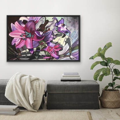 Abstract grey lady lying in pink purple human sized lilies