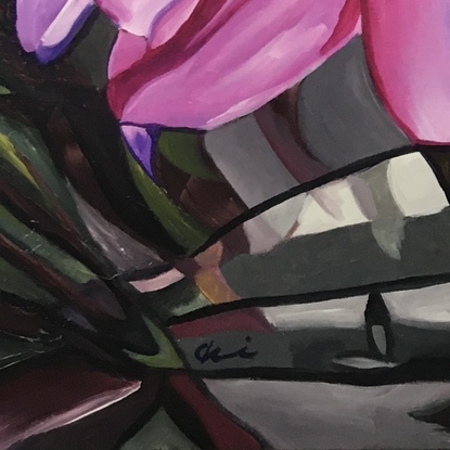 Abstract grey lady lying in pink purple human sized lilies