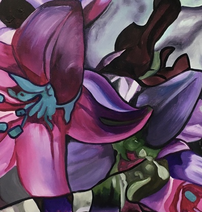 Abstract grey lady lying in pink purple human sized lilies