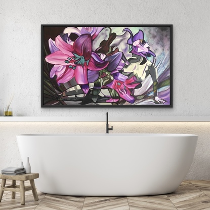 Abstract grey lady lying in pink purple human sized lilies