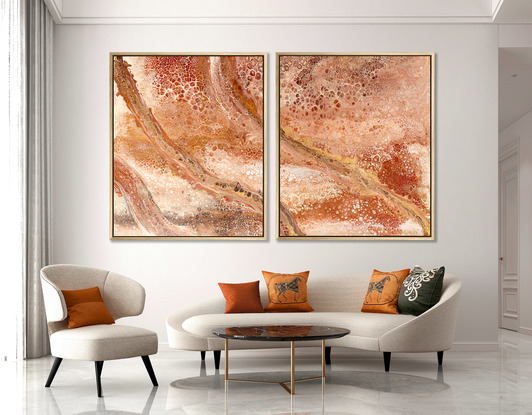 ABSTRACT painting that gives the impression of land form in outback Australia and along the coastline.  The intricate mosaic pattern within the tonal hues . An inlay of  glimmering metallics adds added interest and intrigue the close one gets to the painting. The metallics also add an extra depth because how the painting changes personality when one views from different angles and different light.