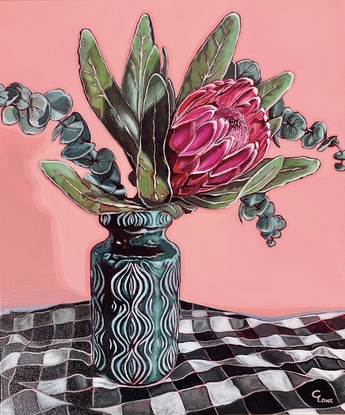 Deep lipstick pink Protea in Emerald green West German onion vase with eucalyptus greenery