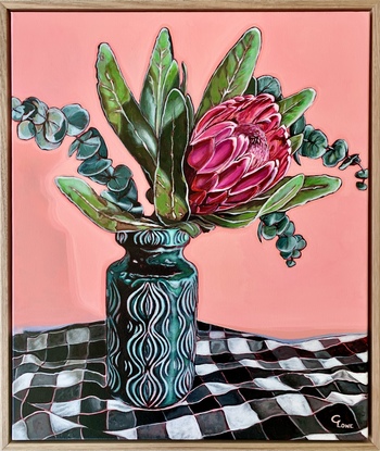 Deep lipstick pink Protea in Emerald green West German onion vase with eucalyptus greenery