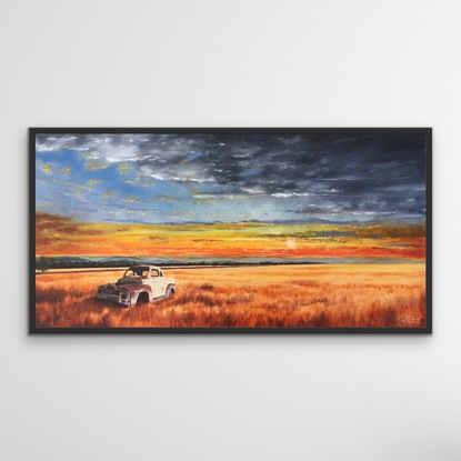 Old Rusty Car Wreck In Outback. Old car wrecks along outback roads in Australia, it’s like going back in time. Part of my outback series of paintings. Outback and sunset in vast Australia.