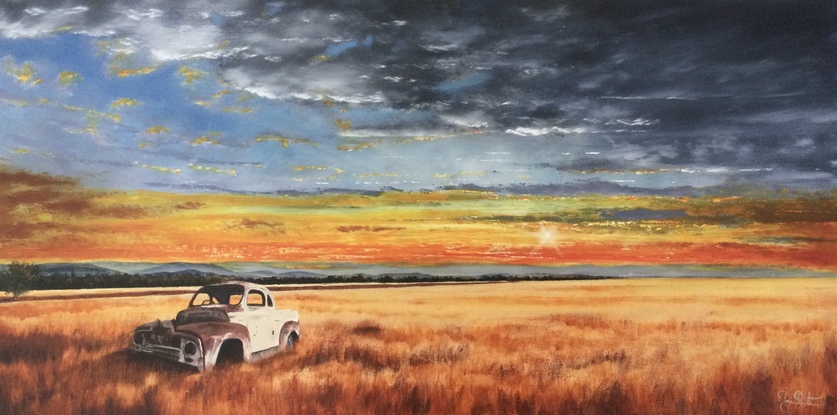 Old Rusty Car Wreck In Outback. Old car wrecks along outback roads in Australia, it’s like going back in time. Part of my outback series of paintings. Outback and sunset in vast Australia.