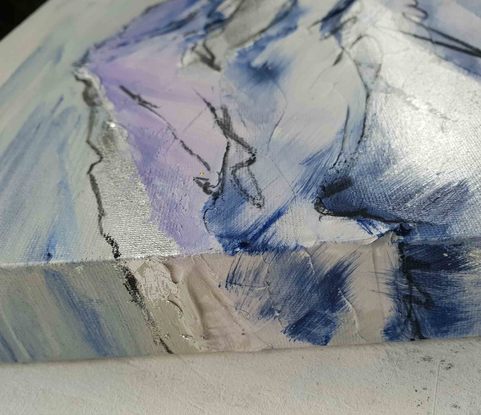 A large abstract landscape of the mountains in mixed media.