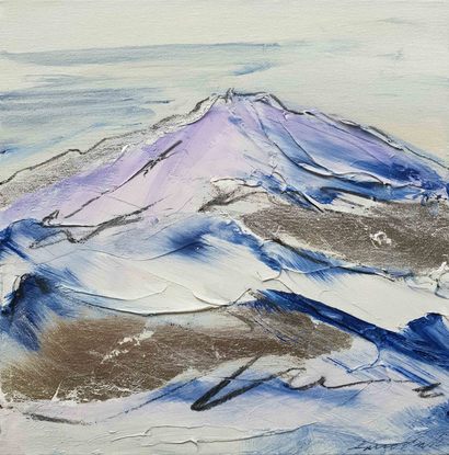 A large abstract landscape of the mountains in mixed media.