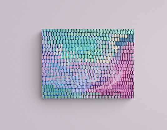 A tonal painting with blue and pink background, covered in a multitude of small brush stroke shapes creating a veneer across the canvas in pale pinks lilacs mint and pastel greens