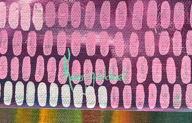 A tonal painting with blue and pink background, covered in a multitude of small brush stroke shapes creating a veneer across the canvas in pale pinks lilacs mint and pastel greens