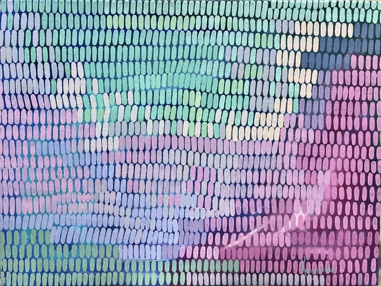 A tonal painting with blue and pink background, covered in a multitude of small brush stroke shapes creating a veneer across the canvas in pale pinks lilacs mint and pastel greens