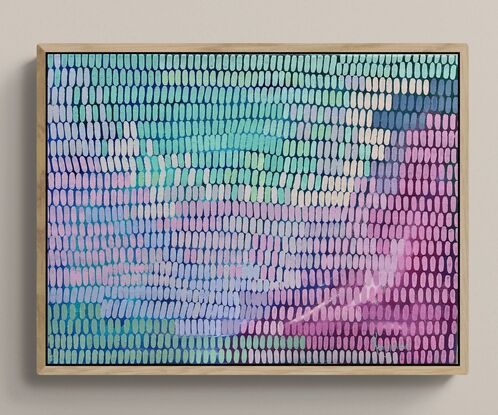 A tonal painting with blue and pink background, covered in a multitude of small brush stroke shapes creating a veneer across the canvas in pale pinks lilacs mint and pastel greens