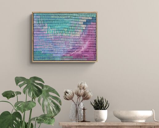 A tonal painting with blue and pink background, covered in a multitude of small brush stroke shapes creating a veneer across the canvas in pale pinks lilacs mint and pastel greens