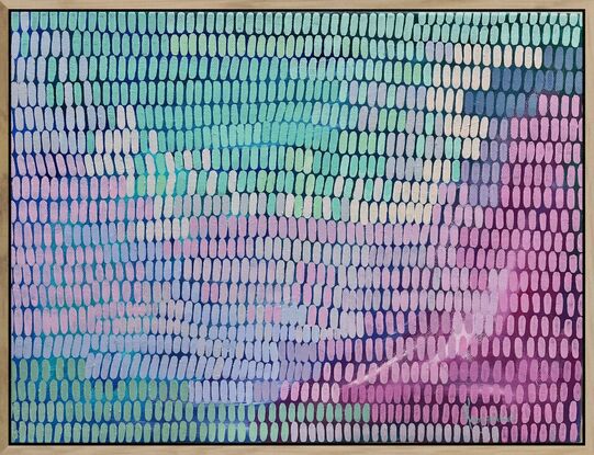 A tonal painting with blue and pink background, covered in a multitude of small brush stroke shapes creating a veneer across the canvas in pale pinks lilacs mint and pastel greens