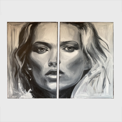 A close up of the beautiful Kate Moss. 
Note this is 2 paintings that make up the complete picture.