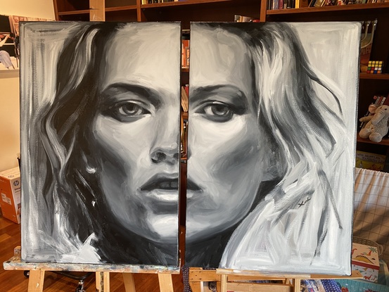 A close up of the beautiful Kate Moss. 
Note this is 2 paintings that make up the complete picture.