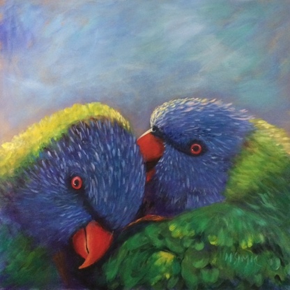 Bird wildlife. Two colorful rainbow lorikeets talking to each other in a garden landscape.