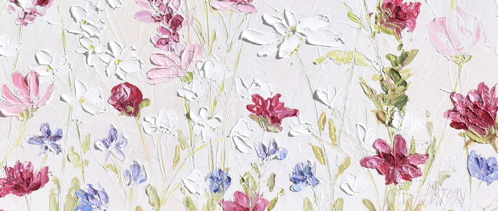 Painting of thickly textured pink and white spring flowers in a garden with a blue butterfly.