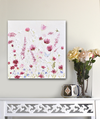 Painting of thickly textured pink and white spring flowers in a garden with a blue butterfly.