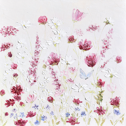 Painting of thickly textured pink and white spring flowers in a garden with a blue butterfly.