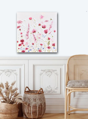 Painting of thickly textured pink and white spring flowers in a garden with a blue butterfly.