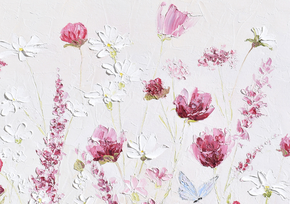 Painting of thickly textured pink and white spring flowers in a garden with a blue butterfly.