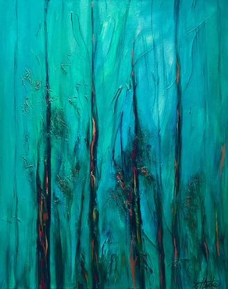 Winter Light is an abstract painting depicting tall trees with filtered light on a crisp winter's day. An abstract painting in soft turquoise hues and metallic highlights of soft gold and copper.