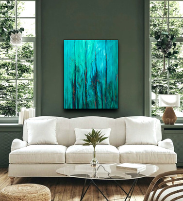 Winter Light is an abstract painting depicting tall trees with filtered light on a crisp winter's day. An abstract painting in soft turquoise hues and metallic highlights of soft gold and copper.