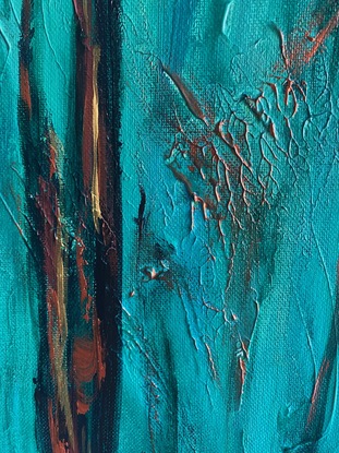 Winter Light is an abstract painting depicting tall trees with filtered light on a crisp winter's day. An abstract painting in soft turquoise hues and metallic highlights of soft gold and copper.