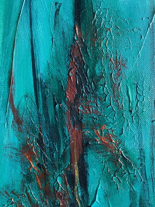 Winter Light is an abstract painting depicting tall trees with filtered light on a crisp winter's day. An abstract painting in soft turquoise hues and metallic highlights of soft gold and copper.