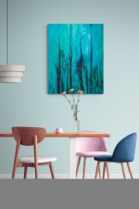 Winter Light is an abstract painting depicting tall trees with filtered light on a crisp winter's day. An abstract painting in soft turquoise hues and metallic highlights of soft gold and copper.