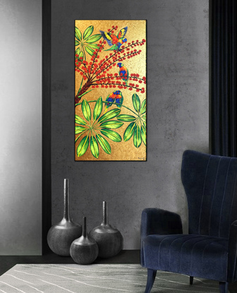 Australian  umbrella tree and rainbow lorikeets original acrylic painting by Irina Redine.