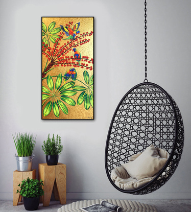 Australian  umbrella tree and rainbow lorikeets original acrylic painting by Irina Redine.