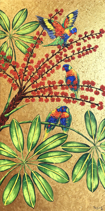 Australian  umbrella tree and rainbow lorikeets original acrylic painting by Irina Redine.