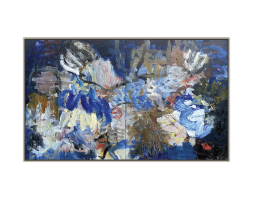 Two canvases together framed in Oak, painted in a loose abstract style, representing corals in blue , cream, white and pink. 