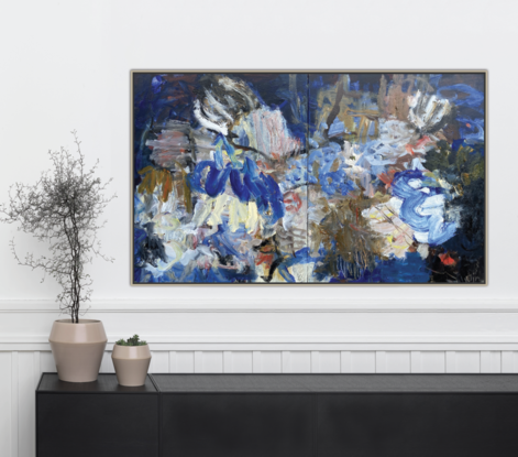 Two canvases together framed in Oak, painted in a loose abstract style, representing corals in blue , cream, white and pink. 