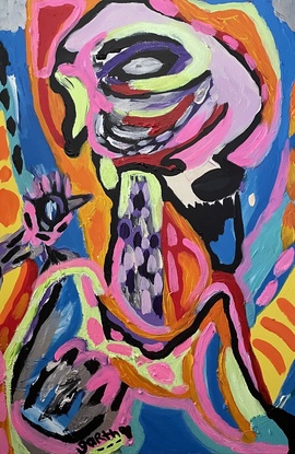 A smiling abstract figure is surrounded by vibrant colour and dynamic brushstrokes.