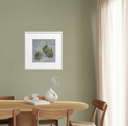 A still-life painting of three green pears on a piece of white tissue-paper with a pale grey-blue background.