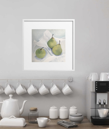 A still-life painting of three green pears on a piece of white tissue-paper with a pale grey-blue background.