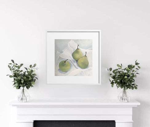 A still-life painting of three green pears on a piece of white tissue-paper with a pale grey-blue background.