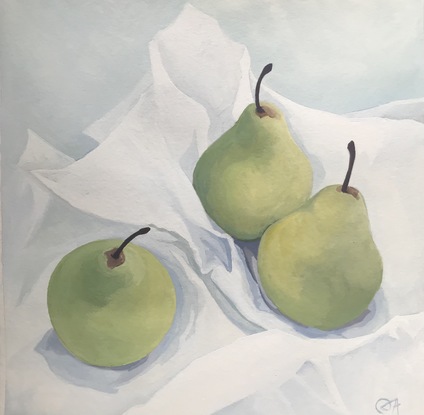 A still-life painting of three green pears on a piece of white tissue-paper with a pale grey-blue background.