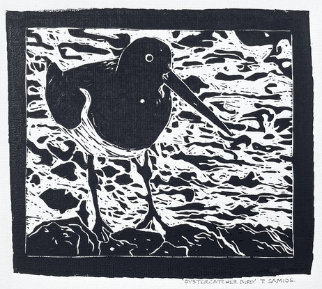 Lino Cut portrait of an Australian Pied Oystercatcher Bird standing on rocks with a background of swirling water. The bird has a very long beak. It’s feathers are black with a white breast and belly. 