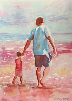 Father and daughter walk at edge of sea in the sunshine.