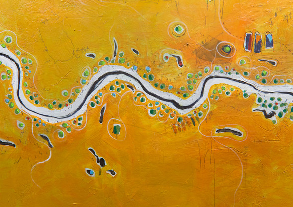 Earthy aerial abstract landscape overlooking the Australian outback.
River meandering through the centre.
